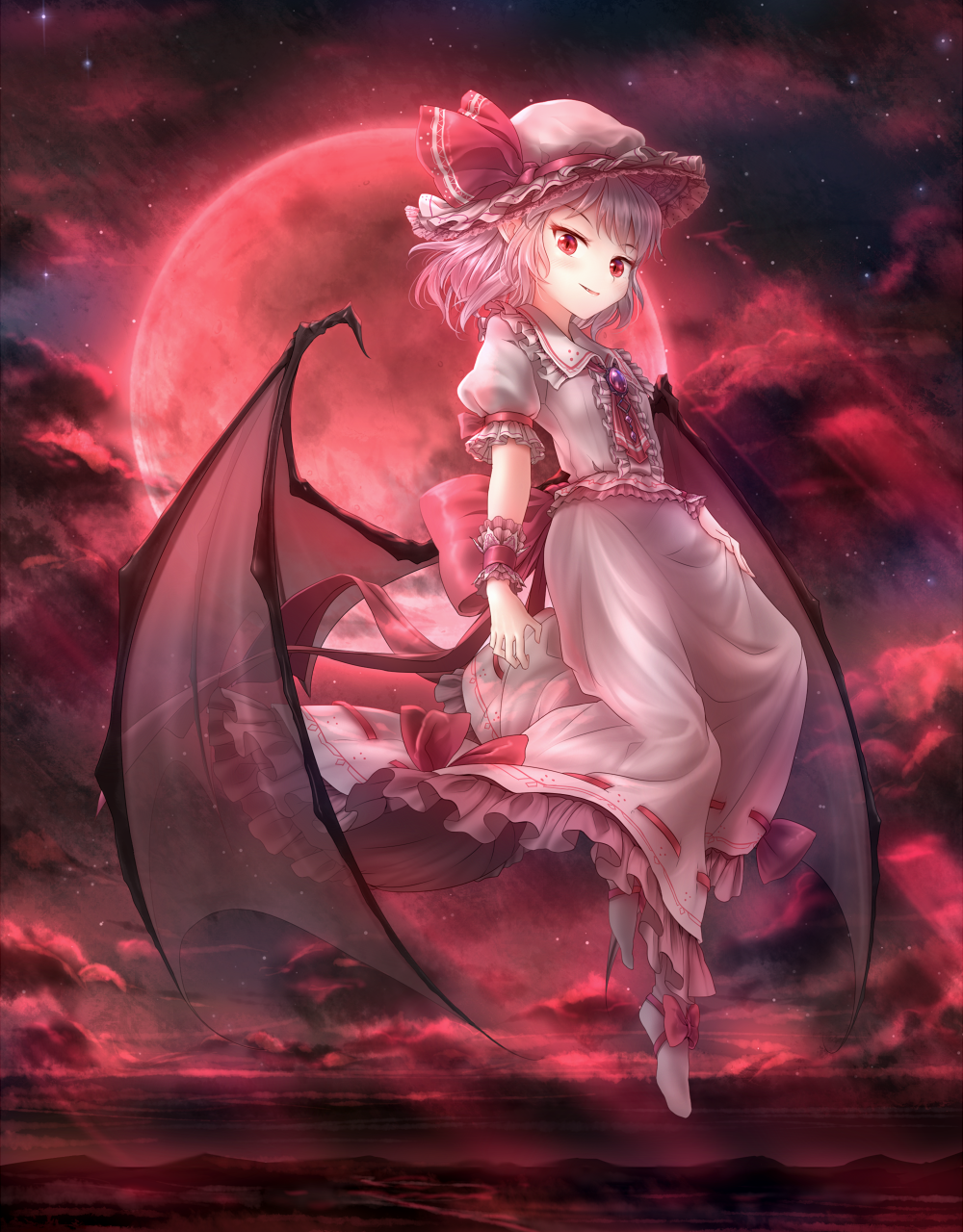 1girl bat_wings brooch fang flying folded_leg frilled_skirt frilled_sleeves frills full_moon hand_on_own_thigh hat hat_ribbon highres jewelry landscape lavender_hair looking_at_viewer minust misty_lake mob_cap moon moonbeam moonlight night no_shoes outdoors parted_lips puffy_short_sleeves puffy_sleeves red_clouds red_eyes red_moon remilia_scarlet ribbon shoreline short_hair short_sleeves skirt skirt_set sky slit_pupils solo star_(sky) starry_sky touhou transparent_wings white_legwear wings wrist_cuffs