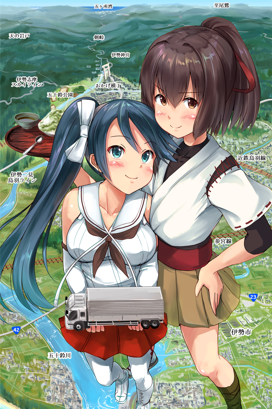 2girls blue_hair blush brown_eyes brown_hair commentary giantess green_eyes ground_vehicle highres ichikawa_feesu ise_(kantai_collection) isuzu_(kantai_collection) isuzu_motors japanese_clothes kantai_collection long_hair motor_vehicle multiple_girls namesake nontraditional_miko ponytail revision river school_uniform serafuku short_hair smile spoon standing translated tray truck twintails