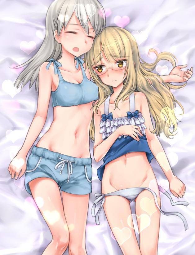 2girls amefre ass_visible_through_thighs blush breasts cleavage closed_eyes crop_top eila_ilmatar_juutilainen glasses heart light_brown_eyes light_brown_hair long_hair lying midriff multiple_girls navel on_back panties perrine_h_clostermann shorts side-tie_panties silver_hair sleeping strike_witches tank_top underwear white_panties world_witches_series