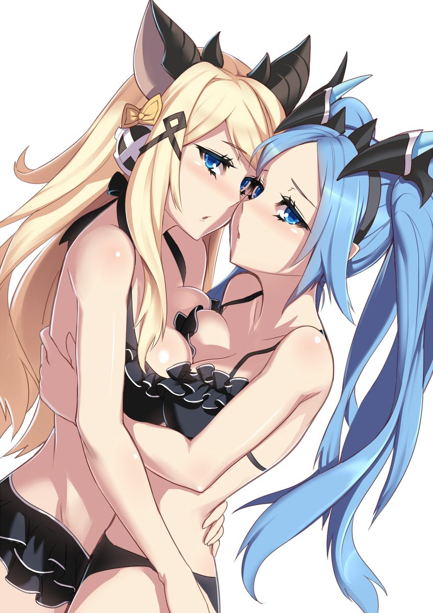 2girls :o arm_around_waist bangs blonde_hair blue_eyes blue_hair blush bow breast_press breasts cheek-to-cheek dutch_angle eyebrows eyebrows_visible_through_hair eyelashes from_side hair_bow hair_ornament hair_ribbon hairband hand_on_another's_back highres horns hug idunn_&amp;_idunna large_breasts long_hair looking_at_viewer multiple_girls parted_bangs puzzle_&amp;_dragons ribbon simple_background swept_bangs symmetrical_docking twintails upper_body wada_masanori white_background