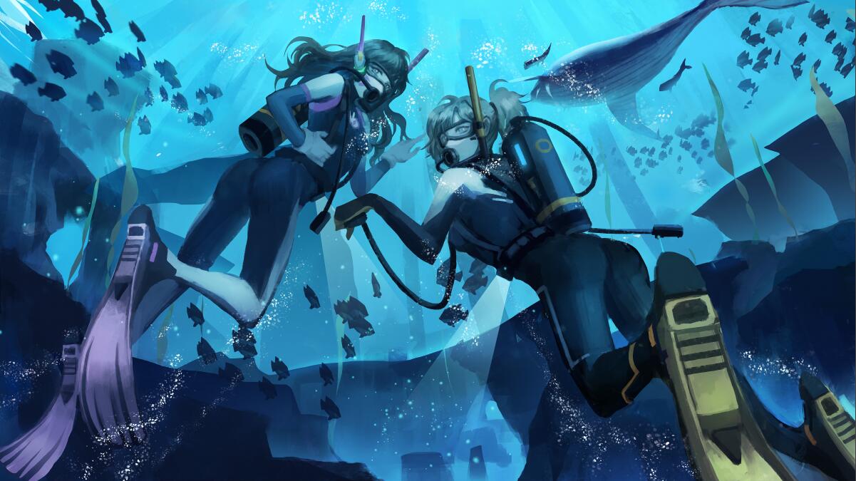 2girls air_bubble animal ass blonde_hair bodysuit breasts brown_hair bubble d.va_(overwatch) diving diving_mask facepaint facial_mark fish flippers from_behind gloves goggles hair_ornament hair_tie light_rays long_hair looking_at_viewer looking_back mercy_(overwatch) mo_(artist) multiple_girls ocean overwatch ponytail scuba scuba_gear scuba_tank skin_tight snorkel sunlight underwater watch water weight_belt wetsuit whale whisker_markings