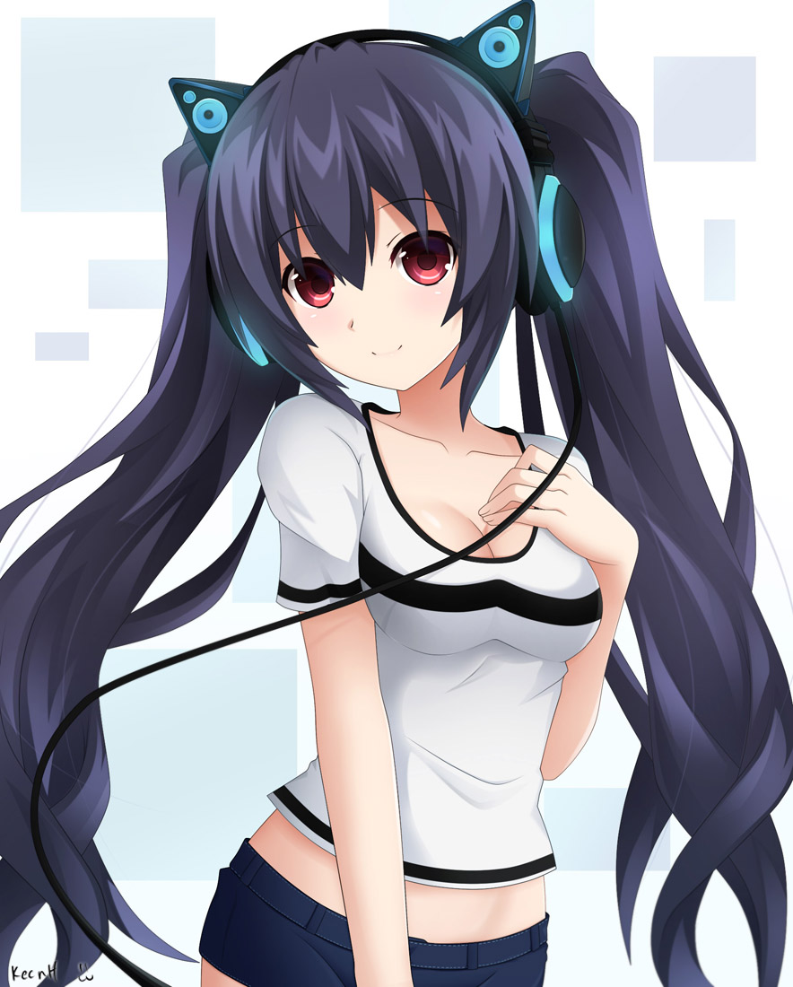 1girl alternate_costume animal_ears artist_name axent_wear black_hair blue_shorts blush breasts cable cat_ear_headphones cat_ears choujigen_game_neptune cleavage closed_mouth collarbone contemporary cowboy_shot eyebrows eyebrows_visible_through_hair fake_animal_ears female hand_on_own_chest headphones keenh long_hair looking_at_viewer neptune_(series) noire red_eyes shirt short_shorts short_sleeves shorts simple_background small_breasts smile smiley_face solo speaker t-shirt tareme twintails very_long_hair white_background white_shirt