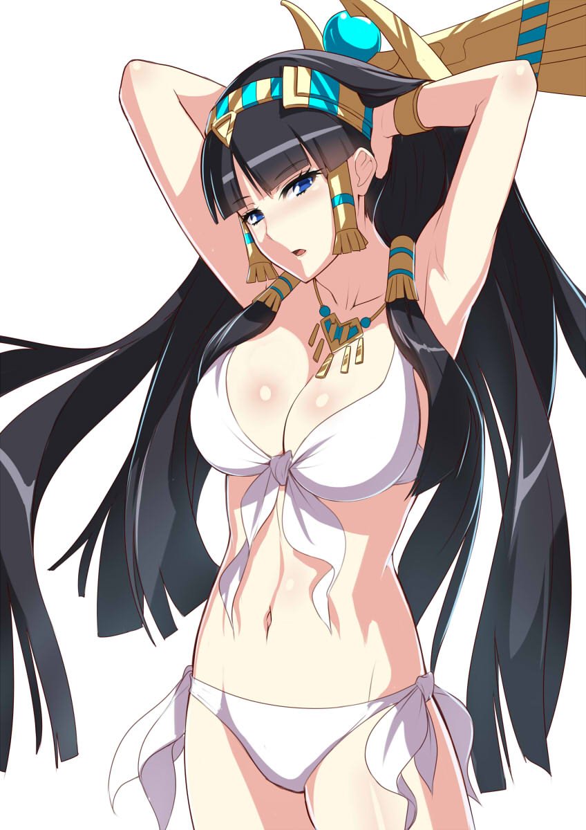 1girl arms_up bikini black_hair blue_eyes breasts cowboy_shot highres isis_(p&amp;d) jewelry large_breasts long_hair looking_at_viewer necklace parted_lips puzzle_&amp;_dragons simple_background solo swimsuit wada_masanori white_bikini