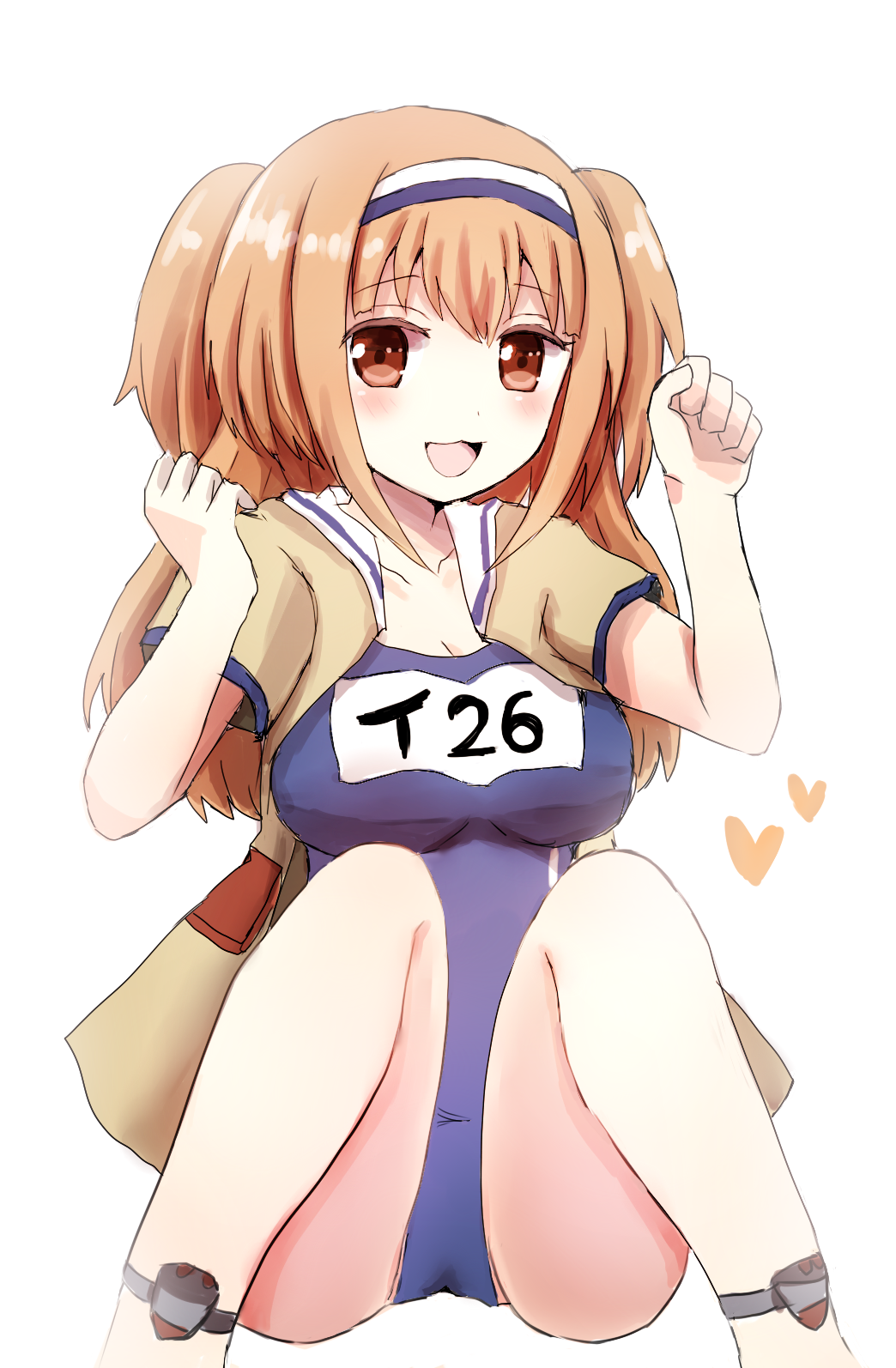1girl bad_anatomy breasts hairband highres i-26_(kantai_collection) large_breasts light_brown_eyes light_brown_hair long_hair mazeru_(jisjifin) name_tag new_school_swimsuit open_clothes open_mouth poorly_drawn sailor_collar school_swimsuit short_sleeves sitting smile solo swimsuit swimsuit_under_clothes two_side_up