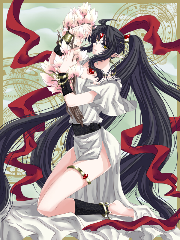1boy absurdly_long_hair androgynous anklet ashura bare_legs barefoot belt black_hair border bouquet bracelet flower full_body greece green_background high_ponytail jewelry long_hair magic_circle magnolia male_focus natsume_you necklace pointy_ears ponytail rg_veda shawl side_slit sidelocks very_long_hair