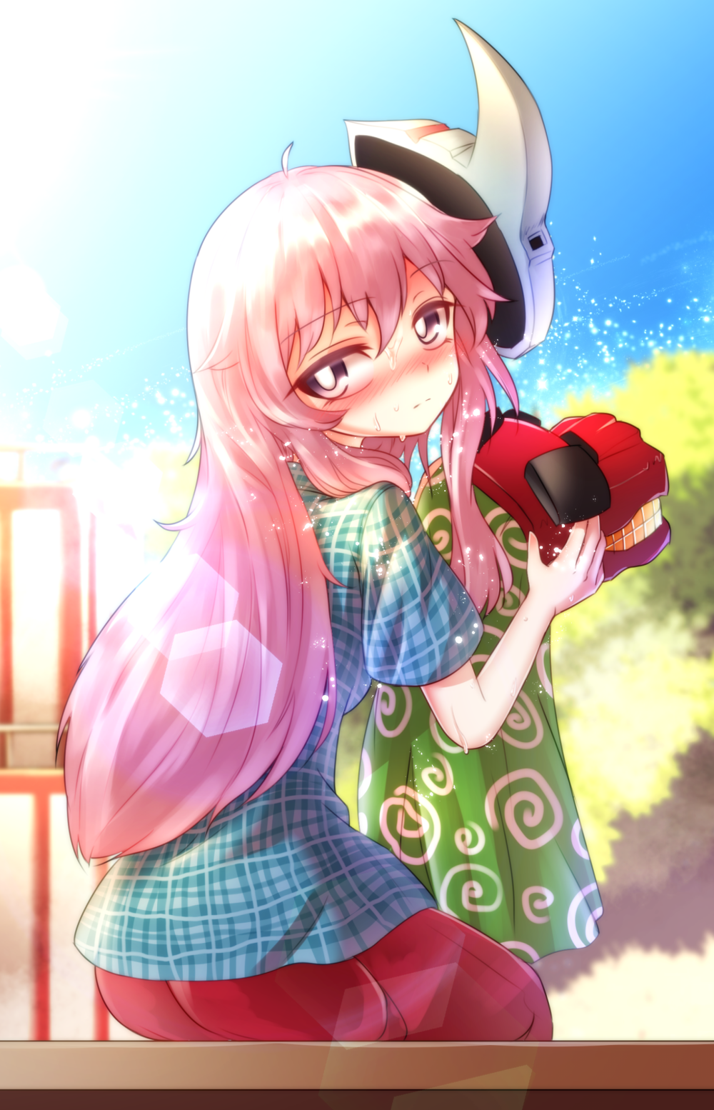 1girl blush expressionless hata_no_kokoro highres hot long_hair mask nomayo pink_eyes pink_hair plaid plaid_shirt red_skirt shirt short_sleeves sidelocks sitting skirt sweat touhou