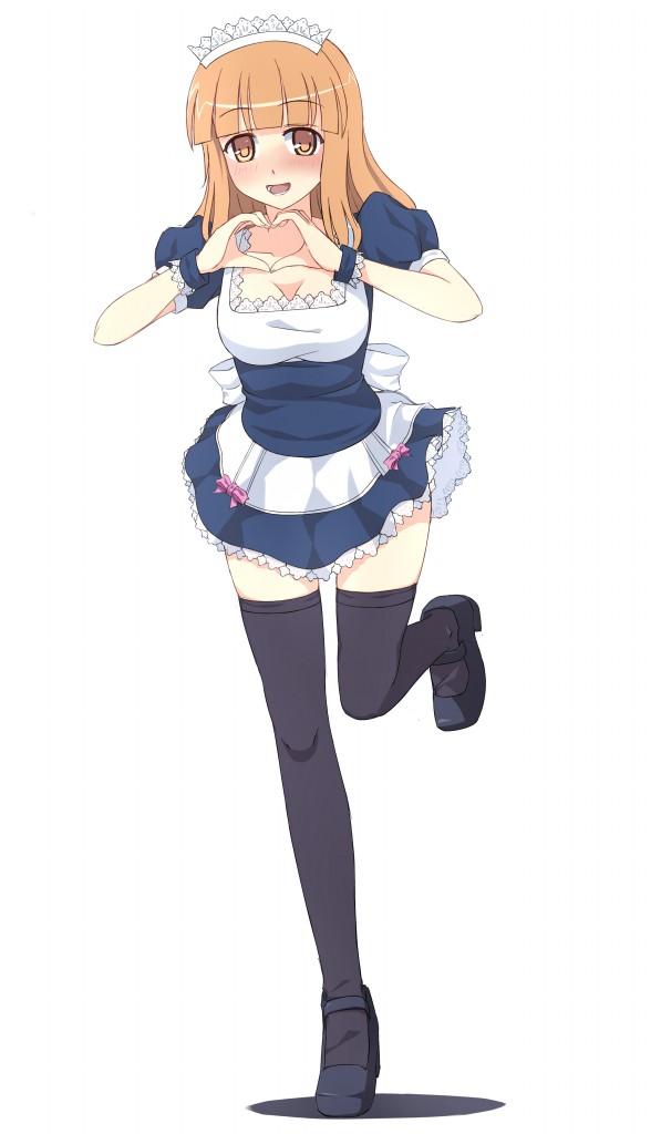 1girl alternate_costume bangs black_legwear blue_dress blue_shoes blunt_bangs bow breasts cleavage dress enmaided full_body girls_und_panzer heart heart_hands large_bow long_hair looking_at_viewer maid maid_headdress mary_janes medium_breasts open_mouth orange_eyes orange_hair puffy_short_sleeves puffy_sleeves shoes short_dress short_sleeves simple_background smile solo srwsrx_(gp03dsrx) standing standing_on_one_leg takebe_saori thigh-highs underbust white_background white_bow wrist_cuffs zettai_ryouiki
