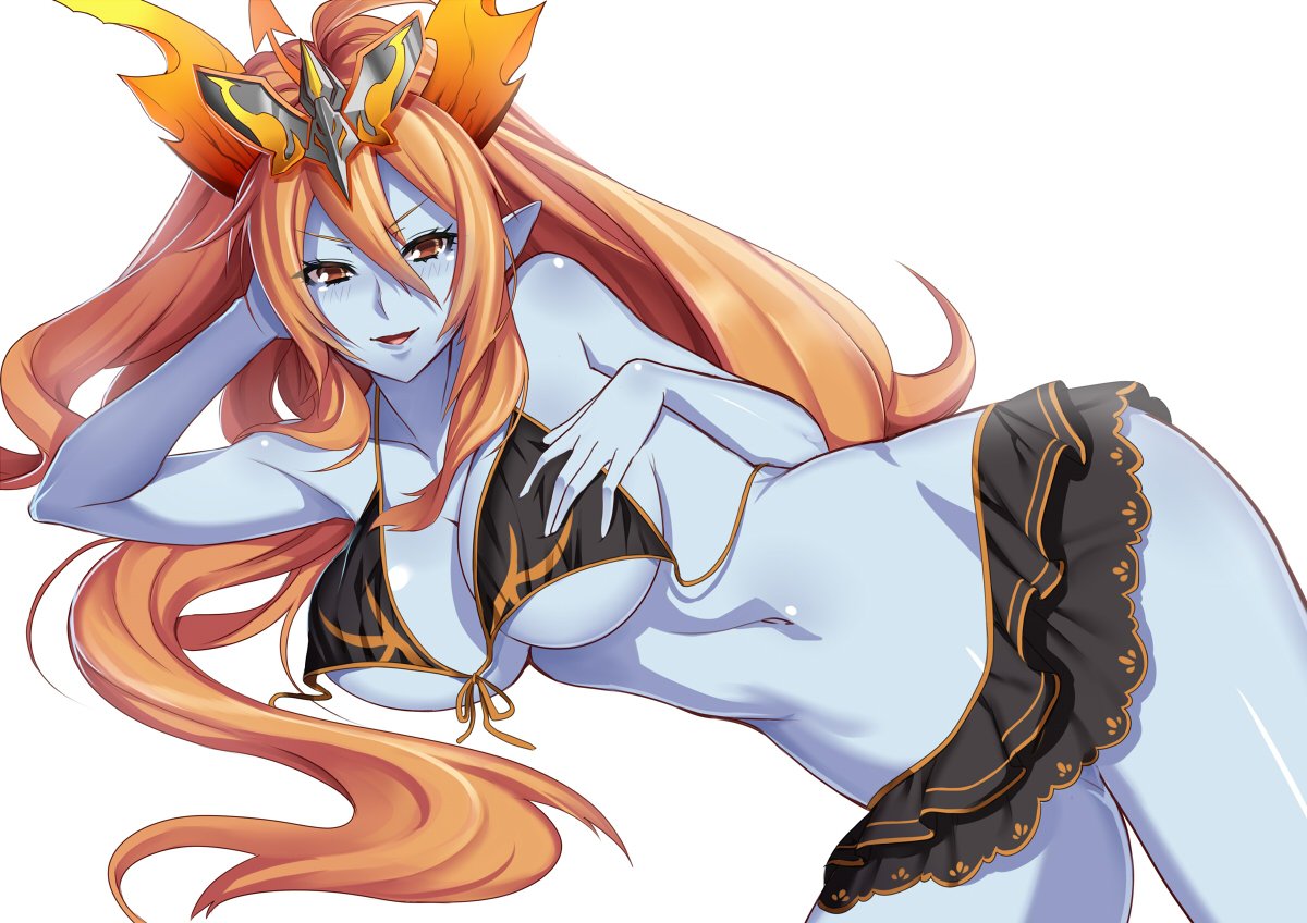 1girl bangs blue_skin breasts hair_between_eyes hand_on_own_chest head_rest hera-ur_(p&amp;d) hera_(p&amp;d) horns long_hair looking_at_viewer lying medium_breasts navel on_side parted_lips pointy_ears puzzle_&amp;_dragons shiny shiny_skin sidelocks simple_background smile solo tiara wada_masanori