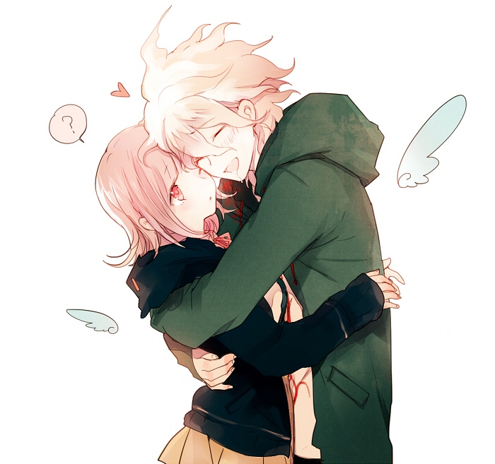 1boy 1girl dangan_ronpa flipped_hair hood hoodie hug komaeda_nagito nanami_chiaki pink_eyes shell_(shell518) short_hair silver_hair super_dangan_ronpa_2