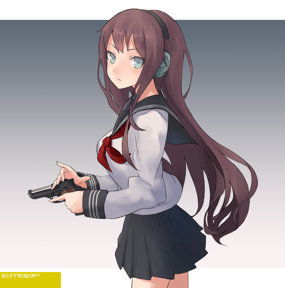 1girl beretta_92 blue_eyes brown_hair cancell gun handgun headphones holding holding_gun holding_weapon long_hair looking_at_viewer original pleated_skirt school_uniform serafuku skirt solo weapon