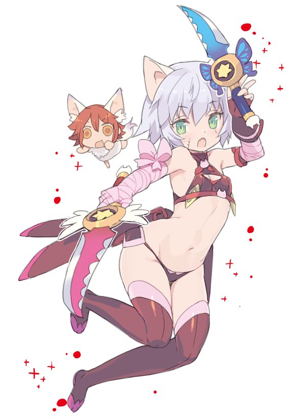 1girl adapted_object animal_ears assassin_of_black bandages bare_shoulders black_legwear black_panties blade_(galaxist) cat_ears commentary commentary_request dual_wielding eyebrows eyebrows_visible_through_hair fang fate/apocrypha fate/grand_order fate/kaleid_liner_prisma_illya fate_(series) female_protagonist_(fate/grand_order) gloves green_eyes kaleidostick kemonomimi_mode knife looking_at_viewer magical_girl magical_ruby magical_sapphire navel panties riyo_(lyomsnpmp)_(style) scar short_hair silver_hair solo stomach thigh-highs underwear weapon white_background