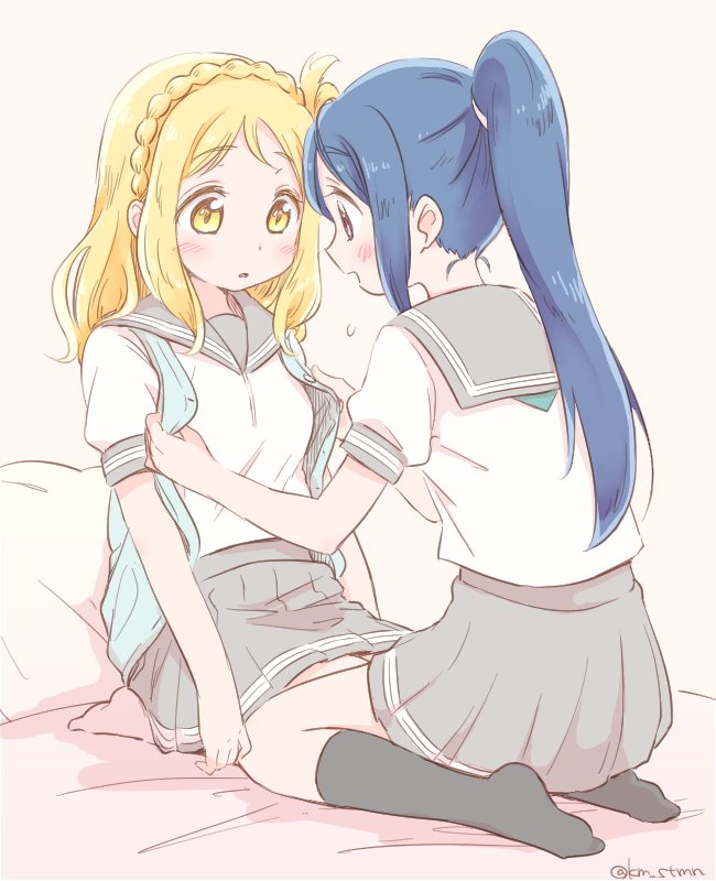 2girls assisted_exposure black_legwear blonde_hair blue_hair blush braid crown_braid hair_rings kneehighs long_hair long_ponytail love_live! love_live!_sunshine!! matsuura_kanan multiple_girls no_shoes ohara_mari on_bed open_mouth pillow ponytail school_uniform seiza serafuku short_sleeves simple_background sitting sitting_on_bed skirt sotamena_(km_stmn) twitter_username vest yellow_eyes yuri