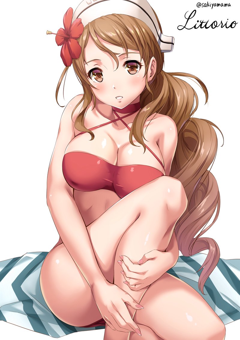 1girl :o alternate_costume artist_name bare_arms bare_legs bare_shoulders bikini blush breasts brown_eyes brown_hair choker collarbone criss-cross_halter fingernails flower hair_flower hair_ornament halter_top halterneck hat hibiscus kantai_collection knee_up littorio_(kantai_collection) long_hair looking_at_viewer medium_breasts parted_lips red_bikini sakiyamama simple_background solo swimsuit teeth white_background white_hat