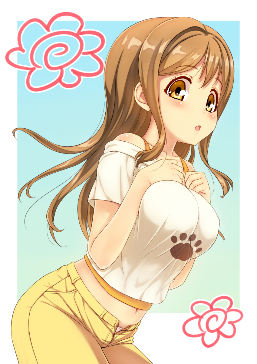 1girl bangs blush breasts brown_eyes brown_hair clenched_hands commentary hands_on_own_chest highres kunikida_hanamaru large_breasts long_hair love_live! love_live!_sunshine!! midriff navel open_mouth panties panty_slip paw_print pink_panties shimashima_salmon short_sleeves solo unbuttoned underwear
