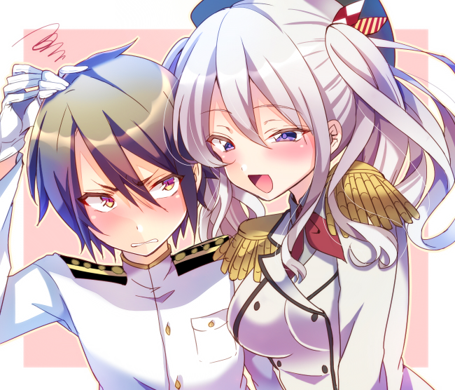 1boy 1girl admiral_(kantai_collection) blush brown_hair chihiro_(oimo) gloves grimace hand_on_another's_head hat kantai_collection kashima_(kantai_collection) military military_uniform naval_uniform open_mouth red_eyes silver_hair squiggle twintails uniform violet_eyes