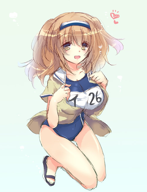 1girl brown_eyes brown_hair clothes_writing hairband houkiri_nemu i-26_(kantai_collection) kantai_collection kneeling light_brown_eyes light_brown_hair long_hair looking_at_viewer name_tag new_school_swimsuit sailor_collar school_swimsuit short_sleeves swimsuit swimsuit_under_clothes twintails two_side_up
