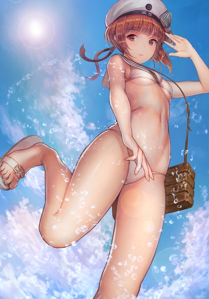 1girl arm_up auburn_hair bag bangs bikini breasts clothes_writing eyebrows eyebrows_visible_through_hair flat_chest from_below hat kantai_collection looking_at_viewer looking_down navel ribbon sailor_bikini sailor_collar sailor_hat sandals short_hair sky small_breasts solo standing standing_on_one_leg sun swimsuit under_boob urokoda water white_bikini white_hat z3_max_schultz_(kantai_collection)