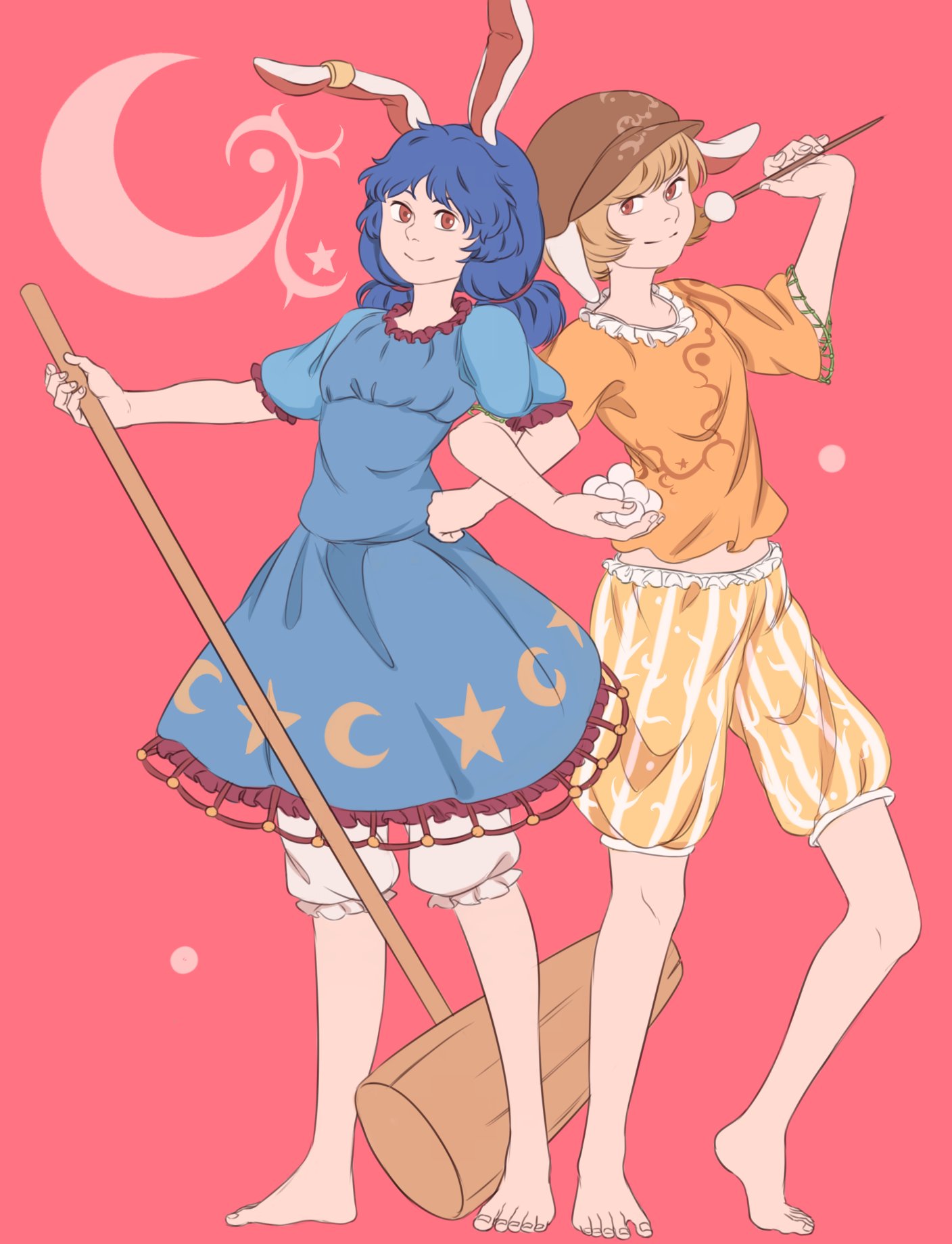 2girls animal_ears barefoot blonde_hair blue_dress blue_hair brown_hat commentary crescent dango dress ear_clip flat_cap floppy_ears food full_body hat highres jpeg_artifacts kine locked_arms looking_at_viewer low_twintails mefomefo multiple_girls orange_shirt orange_shorts puffy_short_sleeves puffy_sleeves rabbit_ears red_background red_eyes ringo_(touhou) seiran_(touhou) shirt short_hair short_sleeves shorts smile star striped striped_shorts touhou twintails wagashi