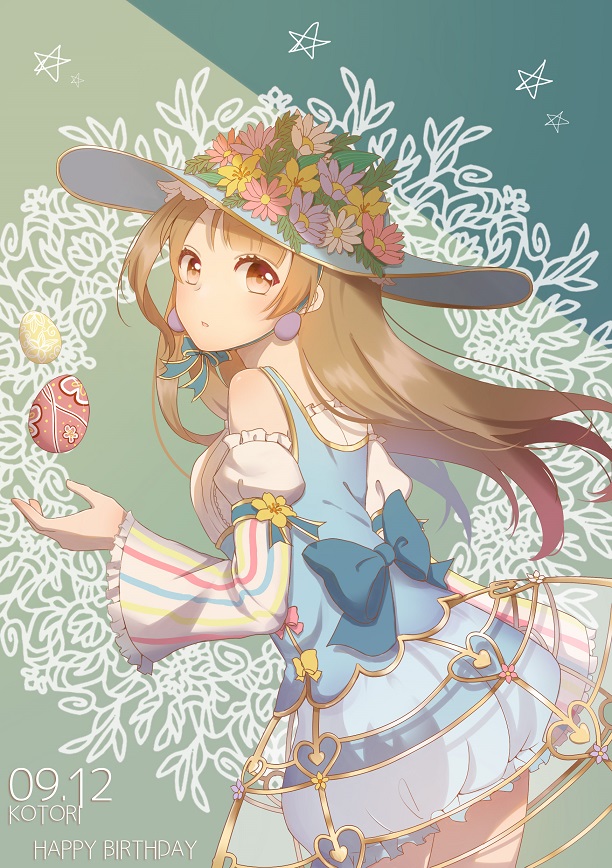 1girl bangs birthday bow brown_eyes brown_hair character_name dated detached_sleeves earrings easter_egg egg egg_earrings english flower frills happy_birthday hat hat_flower hoop_skirt jewelry light_brown_hair lin_(amateur_lin) long_hair looking_at_viewer looking_to_the_side love_live! love_live!_school_idol_project minami_kotori parted_lips solo star striped striped_sleeves sun_hat vertical_stripes