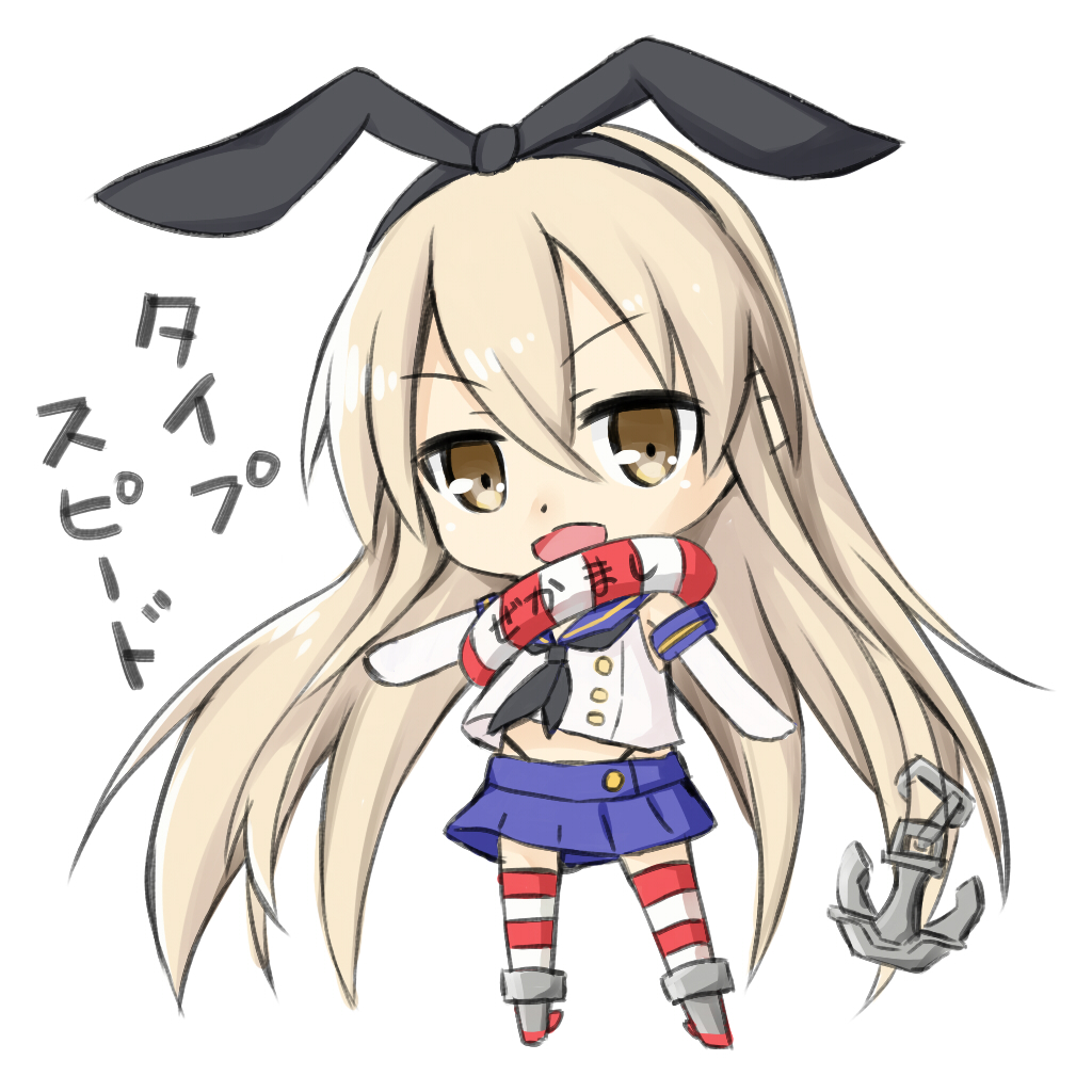 1girl anchor_hair_ornament blonde_hair chibi commentary elbow_gloves female gloves hair_ornament hairband kame_rider kamen_rider kamen_rider_drive kamen_rider_drive_(series) kantai_collection lifebuoy light_brown_eyes long_hair miniskirt navel parody pleated_skirt sailor_collar shimakaze_(kantai_collection) skirt solo thigh-highs translated