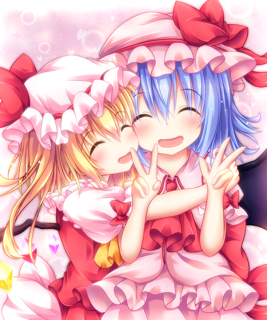 2girls :d ^_^ ascot bat_wings blonde_hair blue_hair blush bow bubble_background closed_eyes commentary_request crystal double_v flandre_scarlet frilled_shirt_collar frills hat hat_bow heart hug looking_at_viewer manma_(manmamia) mob_cap multiple_girls open_mouth puffy_short_sleeves puffy_sleeves red_bow remilia_scarlet short_hair short_sleeves siblings sisters skirt skirt_set smile touhou upper_body v wings