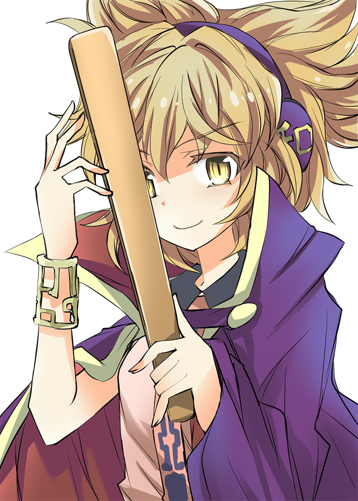 &gt;:) 1girl bracelet cape closed_mouth collared_shirt commentary_request earmuffs jewelry light_brown_eyes light_brown_hair pointy_hair purple_cape ritual_baton shirt short_hair solo suichuu_hanabi touhou toyosatomimi_no_miko upper_body