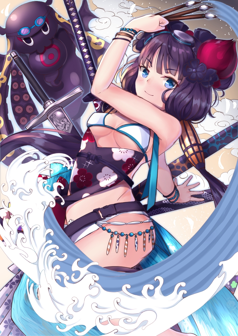 1girl bangs bikini_bottom bikini_top black_hair blue_eyes blunt_bangs bracelet breasts fate/grand_order fate_(series) goggles goggles_on_head greatsword jewelry katsushika_hokusai_(fate/grand_order) katsushika_hokusai_(swimsuit_saber)_(fate) medium_breasts mishiro0229 octopus paintbrush scabbard sheath sheathed smile swimsuit waves