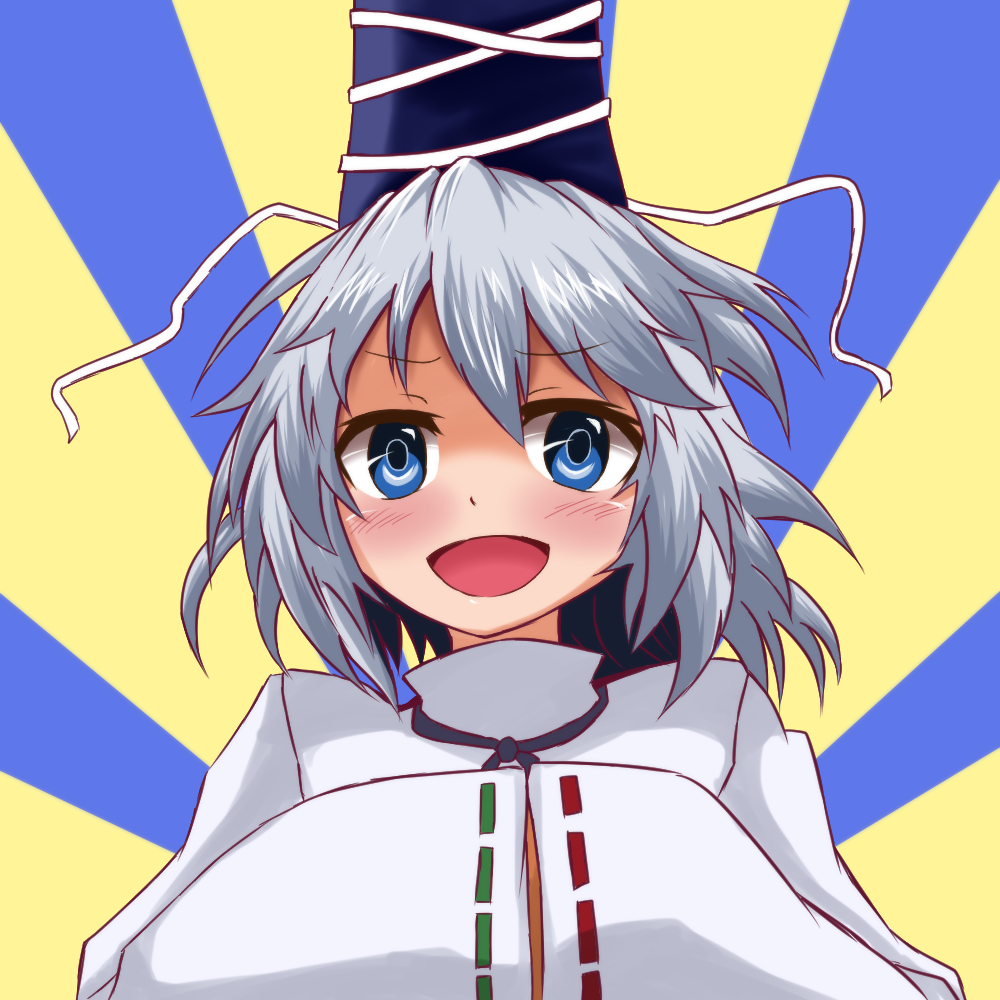 1girl :d blue_eyes blush eyebrows eyebrows_visible_through_hair hands_in_sleeves hat japanese_clothes kariginu long_sleeves looking_at_viewer mononobe_no_futo open_mouth silver_hair smile solo tate_eboshi touhou wide_sleeves yasui_nori