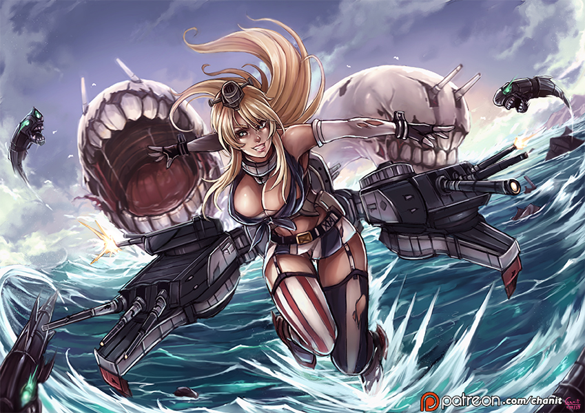 2girls action american_flag american_flag_legwear aqua_eyes bangs bare_shoulders battle belt black_gloves blonde_hair breasts cleavage clouds curvy day elbow_gloves fingerless_gloves firing flag_print front-tie_top garter_straps gloves glowing glowing_eyes grey_gloves hair_between_eyes headgear heavy_cruiser_hime hips i-class_destroyer iowa_(kantai_collection) kachima kantai_collection large_breasts lips long_hair looking_back machinery miniskirt mismatched_legwear multiple_girls ocean open_mouth outstretched_arms patreon rigging saliva shinkaisei-kan skirt sky striped striped_legwear teeth thigh-highs tongue torn_clothes torn_gloves torn_skirt torn_thighhighs turret vertical-striped_legwear vertical_stripes very_long_hair waist watermark waves web_address white_gloves