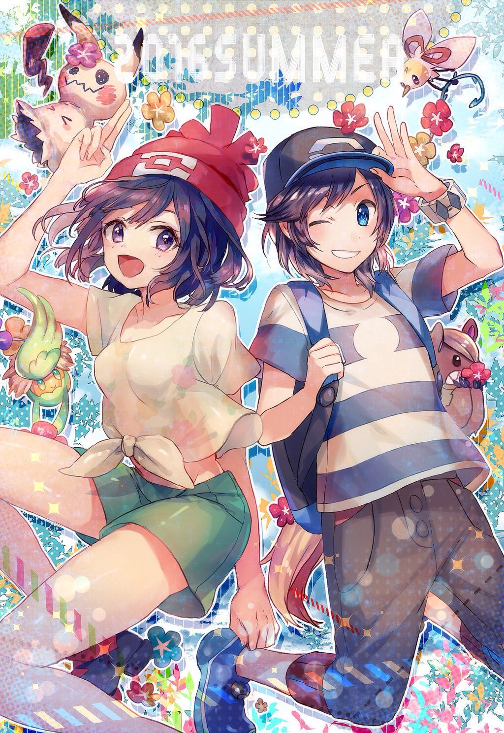 1boy 1girl 2016 ;) ;d adjusting_clothes adjusting_hat arm_up backpack bag baseball_cap beanie black_hair blue_eyes comfey cutiefly female_protagonist_(pokemon_sm) flower hat highres male_protagonist_(pokemon_sm) mimikyu_(pokemon) naru_(andante) one_eye_closed open_mouth pokemon pokemon_(creature) pokemon_(game) pokemon_sm shirt short_hair shorts smile striped striped_shirt t-shirt tied_shirt violet_eyes yungoos z-ring