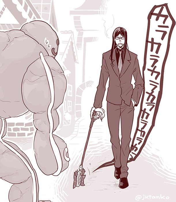 1boy artist_request cigarette commentary_request fate/grand_order fate_(series) formal gingerbread_house gingerbread_man glasses golem hand_in_pocket lord_el-melloi_ii monochrome necktie smoke sweat twitter_username wand waver_velvet