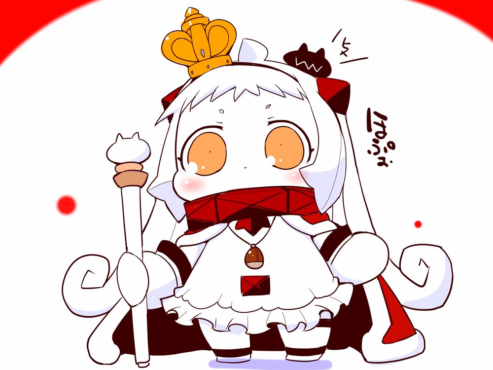 1girl acorn ahoge cape collar commentary_request crown dress enemy_aircraft_(kantai_collection) frilled_dress frills fur_trim holding holding_staff horns jewelry kantai_collection long_hair mini_crown mittens necklace northern_ocean_hime orange_eyes sako_(bosscoffee) shinkaisei-kan sitting sitting_on_head sitting_on_person sketch sleeveless sleeveless_dress staff thigh_strap translation_request warspite_(kantai_collection) warspite_(kantai_collection)_(cosplay) white_background