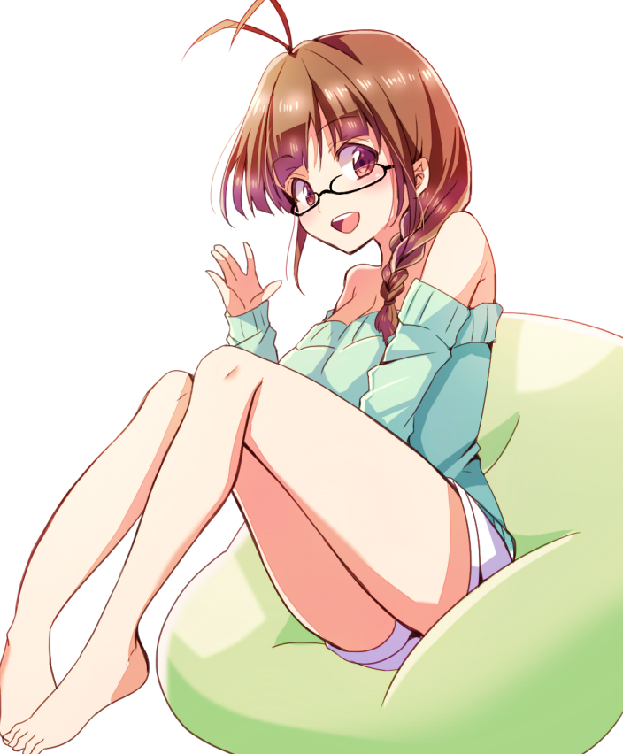 1girl akizuki_ritsuko antenna_hair bare_shoulders barefoot bean_bag_chair braid brown_eyes brown_hair chihiro_(oimo) eyebrows eyebrows_visible_through_hair glasses idolmaster long_hair looking_at_viewer open_mouth sitting solo waving