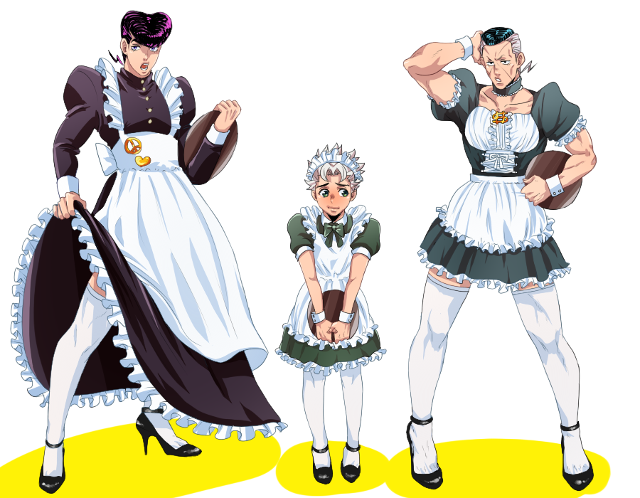 3boys alternate_costume apron blue_hair blush choker crossdressinging embarrassed enmaided green_eyes grey_hair heart higashikata_jousuke high_heels hirose_kouichi hotaru_(ss801) jojo_no_kimyou_na_bouken maid maid_apron maid_headdress male_focus multicolored_hair multiple_boys muscle nijimura_okuyasu peace_symbol pin pompadour purple_hair skirt_hold thigh-highs tray two-tone_hair