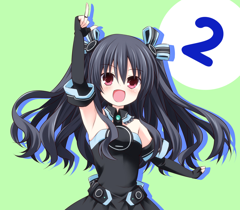 1girl bare_shoulders black_hair blush breasts elbow_gloves gloves hair_ornament long_hair looking_at_viewer neptune_(series) open_mouth red_eyes smile solo taka_(suigendou) twintails uni_(choujigen_game_neptune)