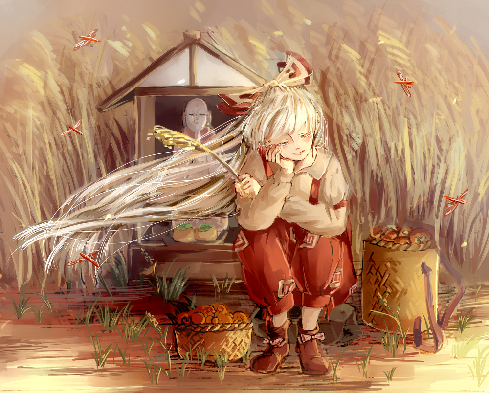 1girl ankle_boots armband basket boots closed_eyes dragonfly elbow_rest elbows_on_knees eyelashes food fruit fujiwara_no_mokou grass hair_ribbon head_rest insect jizou light_smile long_hair long_sleeves mokoiscat ofuda outdoors pants persimmon ponytail ribbon shrine sitting solo suspenders touhou very_long_hair wheat white_hair wind