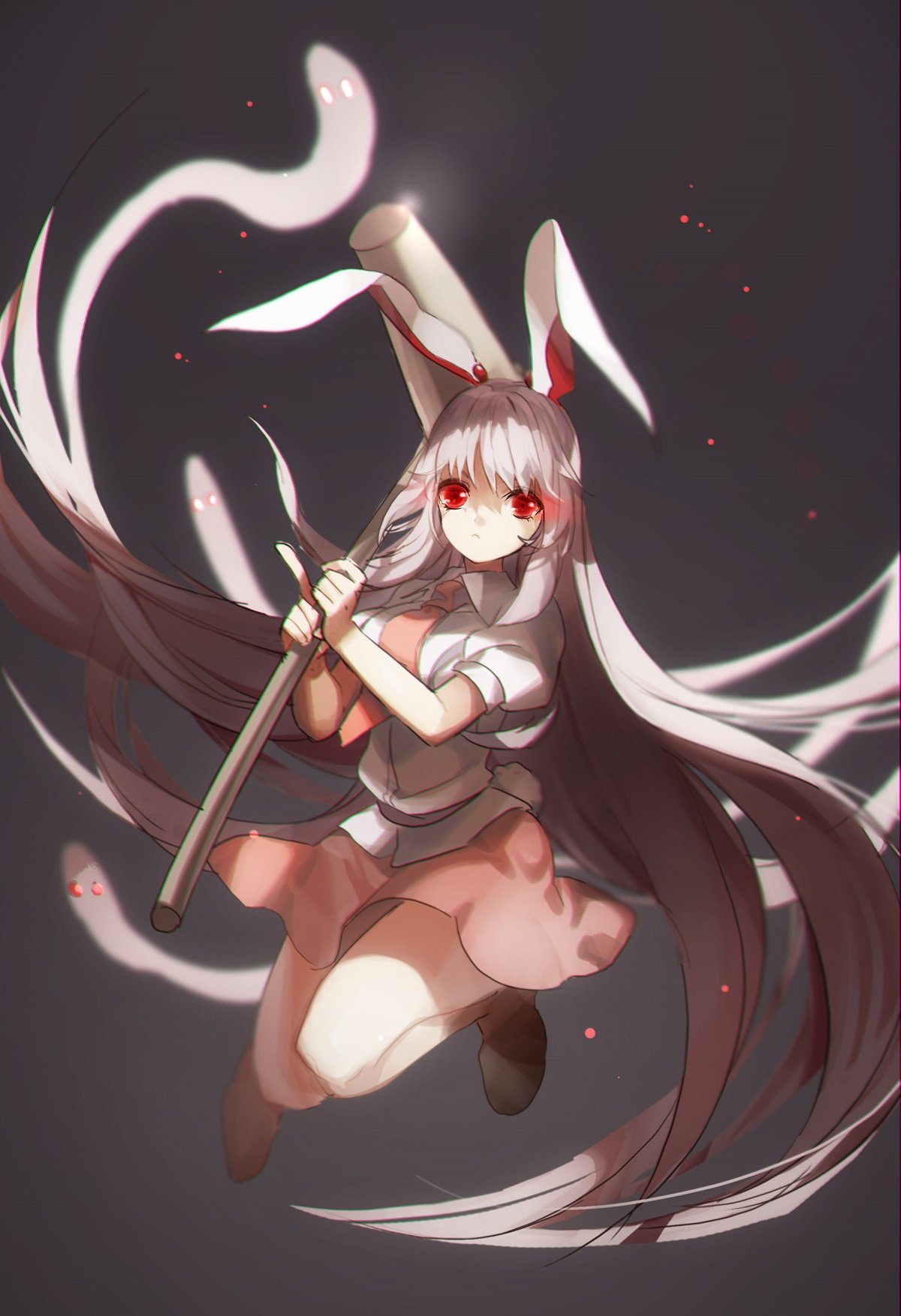 1girl :&lt; alternate_hair_color animal_ears bent_knees bunny_girl bunny_tail closed_mouth floating_hair full_body glowing glowing_eye highres holding holding_weapon kine kune-kune long_hair looking_at_viewer mallet necktie no-kan pink_necktie pink_skirt puffy_short_sleeves puffy_sleeves rabbit_ears red_eyes reisen_udongein_inaba short_sleeves silver_hair skirt solo tail touhou very_long_hair weapon