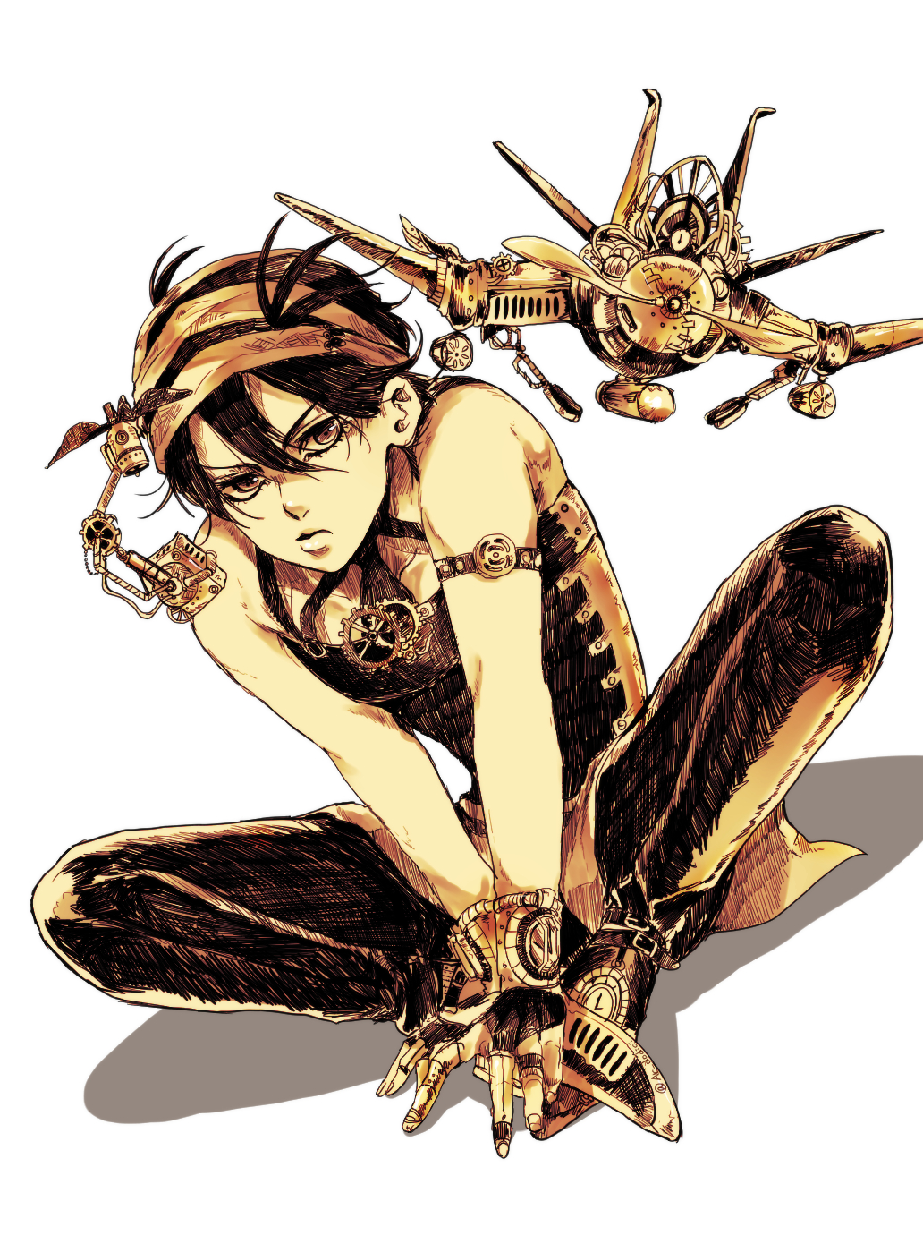 1boy aerosmith_(stand) armband aruti frown gears hairband highres jojo_no_kimyou_na_bouken male_focus monochrome narancia_ghirga sepia shadow sitting solo stand_(jojo) steampunk