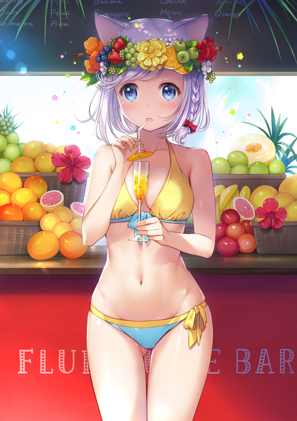 1girl :o animal_ears banana bare_arms bare_legs bare_shoulders bikini blue_eyes blueberry blush bow braid breasts cat_ears cleavage cowboy_shot cup drinking_glass drinking_straw flower food food_themed_hair_ornament fruit grapefruit grapes hair_bow hair_flower hair_ornament head_wreath hibiscus holding_glass light_particles looking_at_viewer medium_breasts melon minyon navel open_mouth orange original outdoors peach pineapple plum red_bow side_braid silver_hair solo standing stomach strawberry swimsuit tareme thigh_gap yellow_bikini