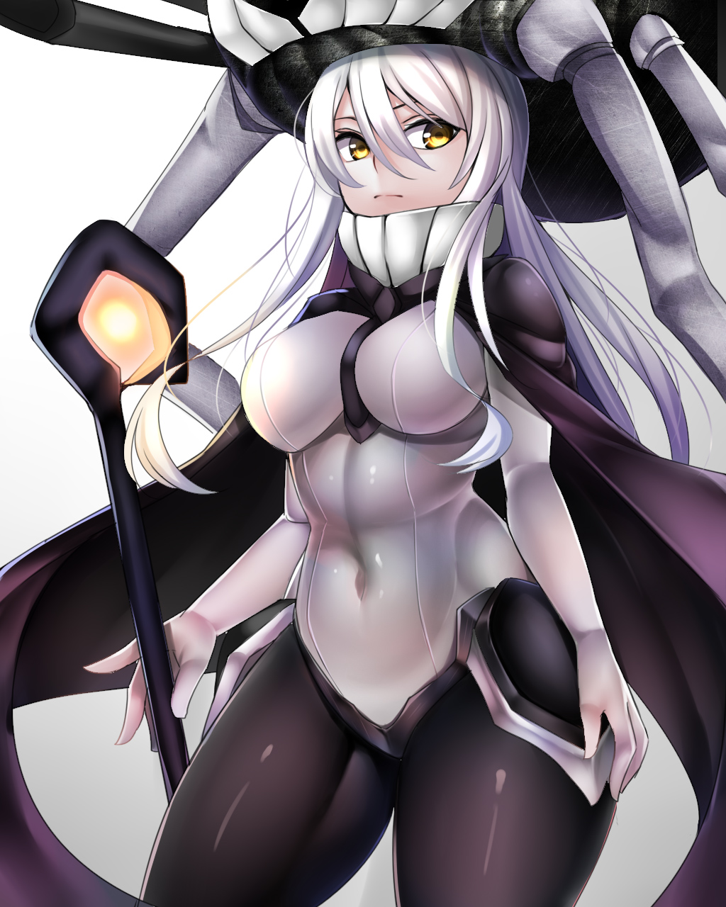 1girl beeyan black_cape black_legwear bodysuit breasts cane cape covered_navel expressionless gloves hair_between_eyes hat headgear highres kantai_collection long_hair looking_at_viewer medium_breasts no_gloves pale_skin shinkaisei-kan silver_hair solo staff teeth tentacles white_gloves wo-class_aircraft_carrier yellow_eyes