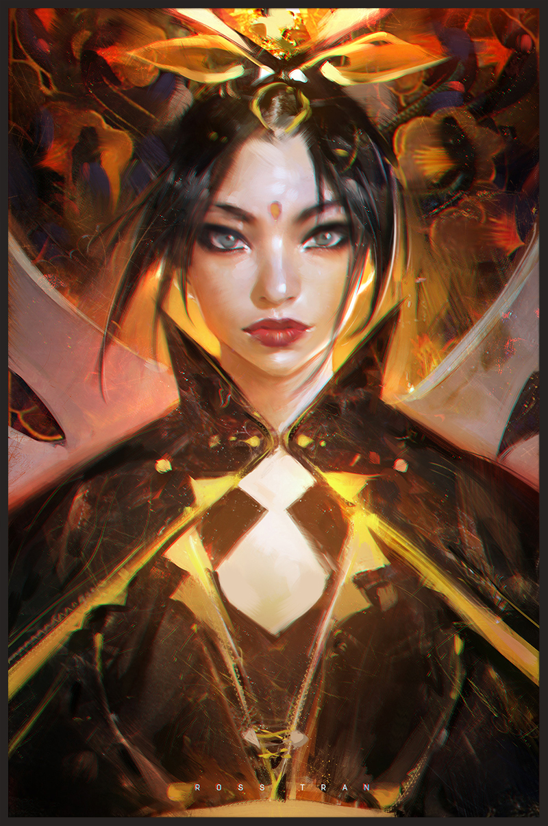 1girl artist_name avatar:_the_last_airbender avatar_(series) azula black_hair cape commentary eyebrows forehead forehead_jewel grey_eyes headdress highres lips lipstick makeup making_of mascara nose portrait realistic ross_tran short_hair solo