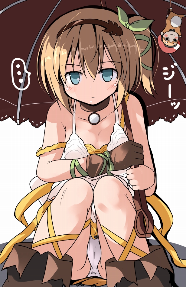 1girl bare_shoulders blonde_hair blue_eyes blush choker commentary_request dress edna_(tales) gloves hair_ribbon hairband leg_ribbon looking_at_viewer normin_(tales) panties pantyshot pantyshot_(squatting) ribbon short_hair side_ponytail single_glove solo squatting tales_of_(series) tales_of_zestiria tress_ribbon tsuzuri_(tuzuri) umbrella underwear white_dress white_panties