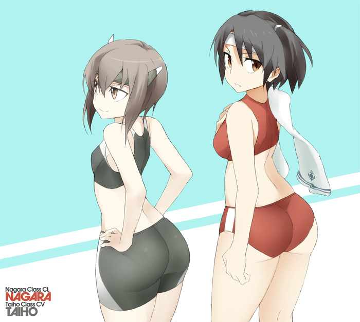 2girls anchor_symbol ass bangs bare_arms bike_shorts black_hair breasts brown_eyes brown_hair buruma character_name closed_mouth double_vertical_stripe hair_between_eyes hands_on_hips headband kantai_collection medium_breasts multiple_girls nagara_(kantai_collection) one_side_up short_hair small_breasts smile souji sports_bra taihou_(kantai_collection) text towel two-tone_background