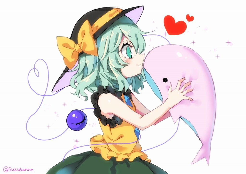 1girl adapted_costume armpit_peek black_hat blush bow closed_mouth commentary_request eyeball frilled_shirt_collar frills from_side green_eyes green_hair green_skirt hat hat_bow heart heart_of_string holding_stuffed_animal kiss komeiji_koishi kyouda_suzuka looking_at_another profile shirt skirt sleeveless sleeveless_shirt smile solo sparkle stuffed_animal stuffed_toy stuffed_whale third_eye touhou upper_body white_background yellow_bow yellow_shirt