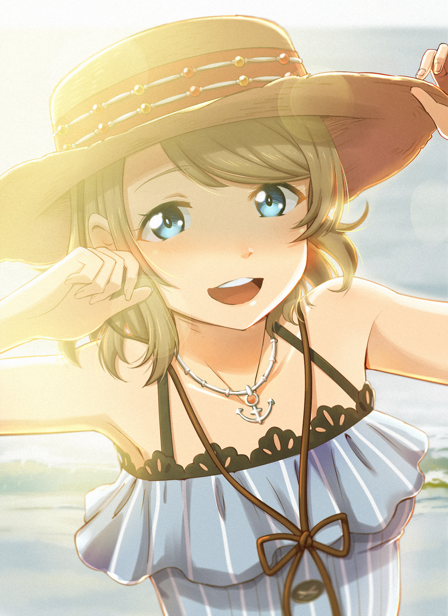 1girl anchor_necklace armpits bare_shoulders blue_eyes brown_hair hat highres looking_at_viewer love_live! love_live!_sunshine!! open_mouth short_hair solo straw_hat watanabe_you wokami