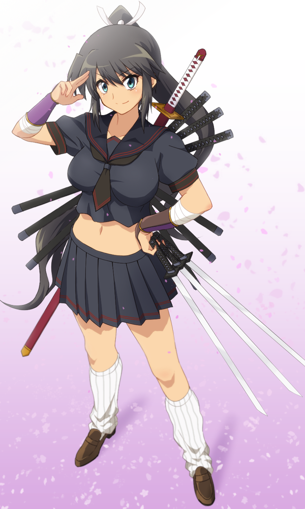 &gt;:) 1girl aqua_eyes armor black_hair black_serafuku black_skirt breasts brown_shoes cherry_blossoms commentary_request crop_top full_body hair_ribbon hand_on_hip holding holding_sword holding_weapon homura_(senran_kagura) impossible_clothes japanese_armor katana kote large_breasts long_hair looking_at_viewer miniskirt mokkei navel neckerchief petals pleated_skirt ponytail puffy_short_sleeves puffy_sleeves ribbon salute school_uniform senran_kagura senran_kagura_(series) serafuku shoes short_sleeves sidelocks skirt skirt_set socks solo striped striped_legwear sword unsheathed vertical-striped_legwear vertical_stripes very_long_hair weapon weapon_on_back white_background white_ribbon