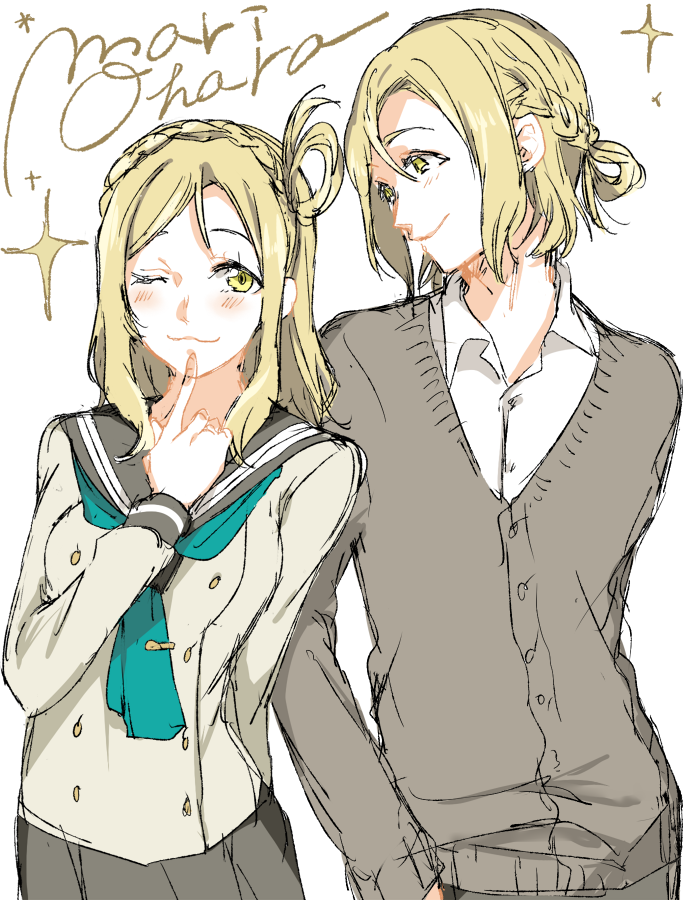 1boy 1girl ;3 blonde_hair braid cardigan character_name crown_braid dual_persona finger_to_mouth genderswap genderswap_(ftm) love_live! love_live!_sunshine!! ohara_mari one_eye_closed school_uniform serafuku smile sofy sparkle yellow_eyes