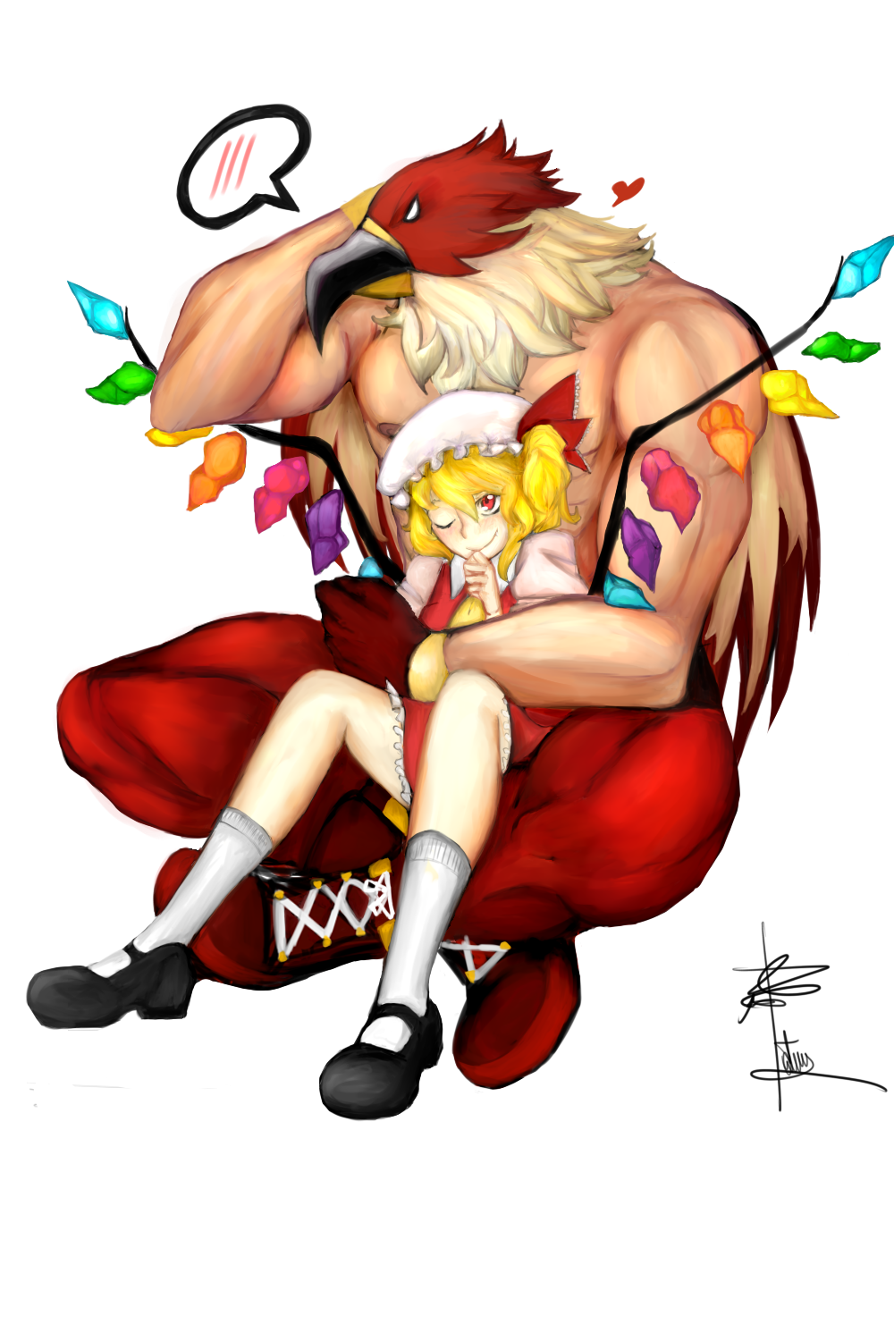 1boy 1girl ankle_boots arm_around_waist ascot bare_chest blonde_hair blush boots bow crossover crystal demon_wings dress fatal_fury fatuus flandre_scarlet full_body griffon_mask hand_on_own_chin hat hat_bow hat_ribbon heart highres hug m.u.g.e.n mark_of_the_wolves mask mob_cap muscle puffy_short_sleeves puffy_sleeves red_boots red_dress red_eyes ribbon scratching_head shirtless shoelaces short_sleeves side_ponytail signature sitting sitting_on_lap sitting_on_person skirt skirt_set smile spandex speech_bubble the_king_of_fighters the_king_of_fighters_2003 the_king_of_fighters_xi touhou transparent_background vampire wings wrestler wrestling_mask wrestling_outfit