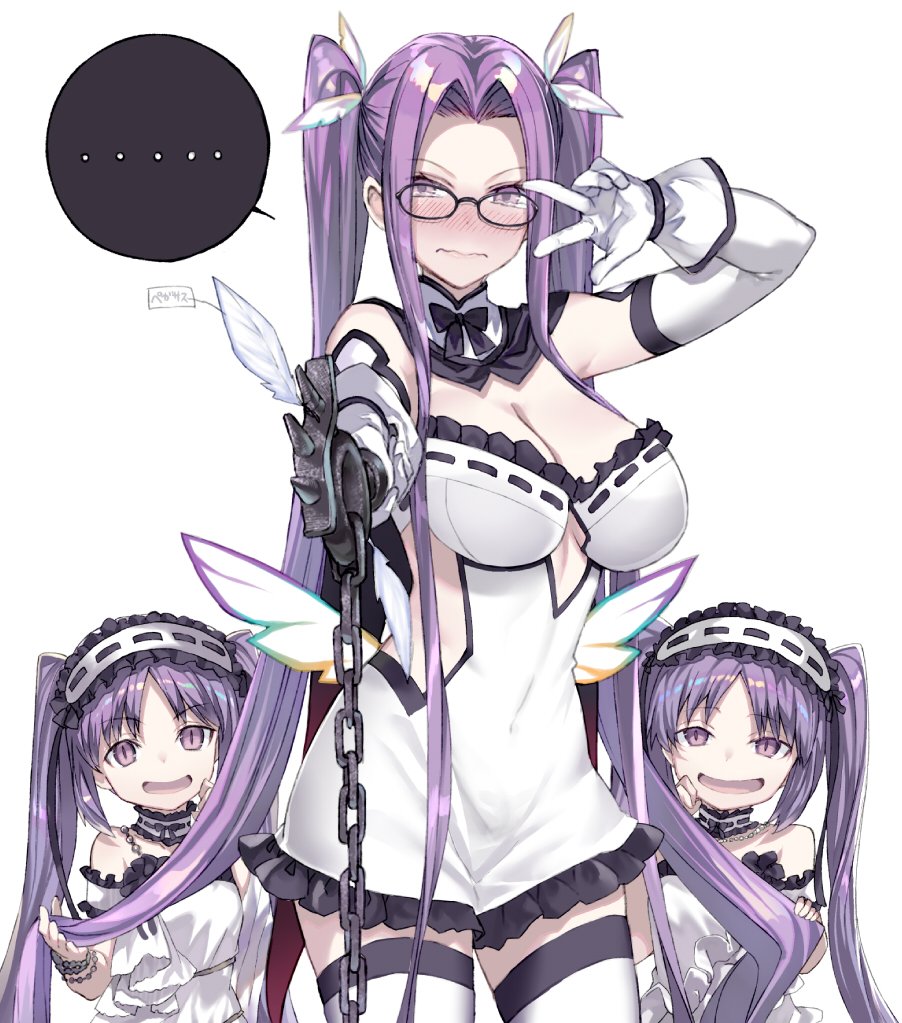 ... 3girls alternate_costume alternate_hairstyle black-framed_eyewear black_bow black_bowtie blush bow bowtie bracelet breasts chain choker cleavage cleavage_cutout closed_mouth commentary_request covered_navel cowboy_shot detached_collar dress elbow_gloves euryale fate/stay_night fate_(series) foreshortening frilled_choker frilled_dress frills gloves hair_intakes hair_ribbon hairband height_difference jewelry large_breasts lavender_eyes lavender_hair lolita_hairband long_hair looking_at_viewer magical_girl multiple_girls nose_blush open-back_dress parted_lips pointing pointing_at_viewer pose ribbon rider shirabi_(life-is-free) short_dress siblings sidelocks sisters smile spoken_ellipsis stheno thigh-highs twintails under_boob v_over_eye very_long_hair wand wavy_mouth white_background white_dress white_gloves white_legwear white_ribbon wings zettai_ryouiki