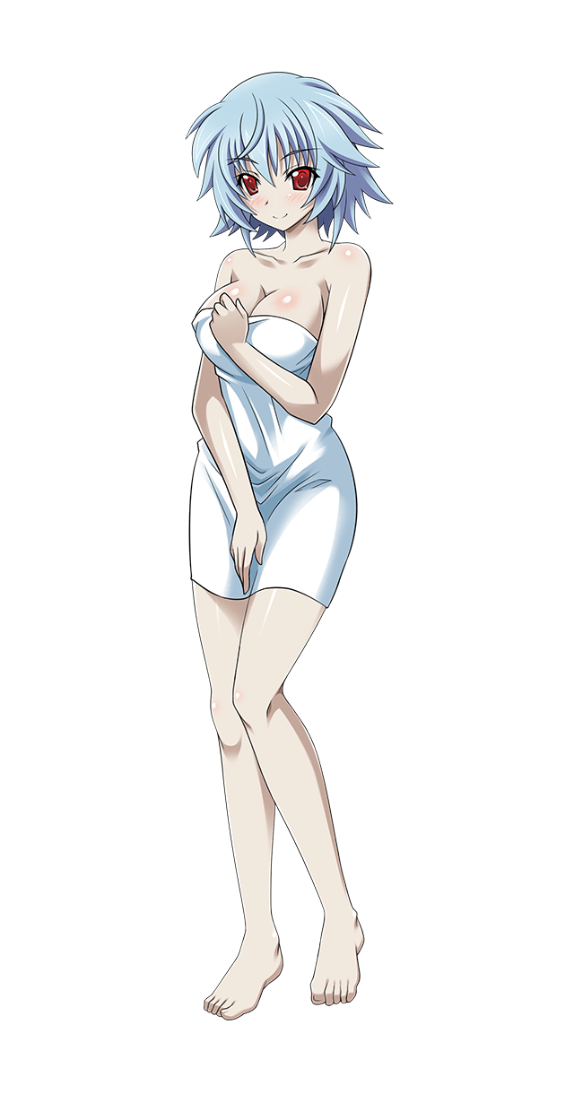 1girl bare_shoulders barefoot blue_hair breasts cleavage collarbone eyebrows eyebrows_visible_through_hair full_body highres infinite_stratos large_breasts looking_at_viewer naked_towel red_eyes sarashiki_tatenashi short_hair smile solo towel transparent_background white_towel